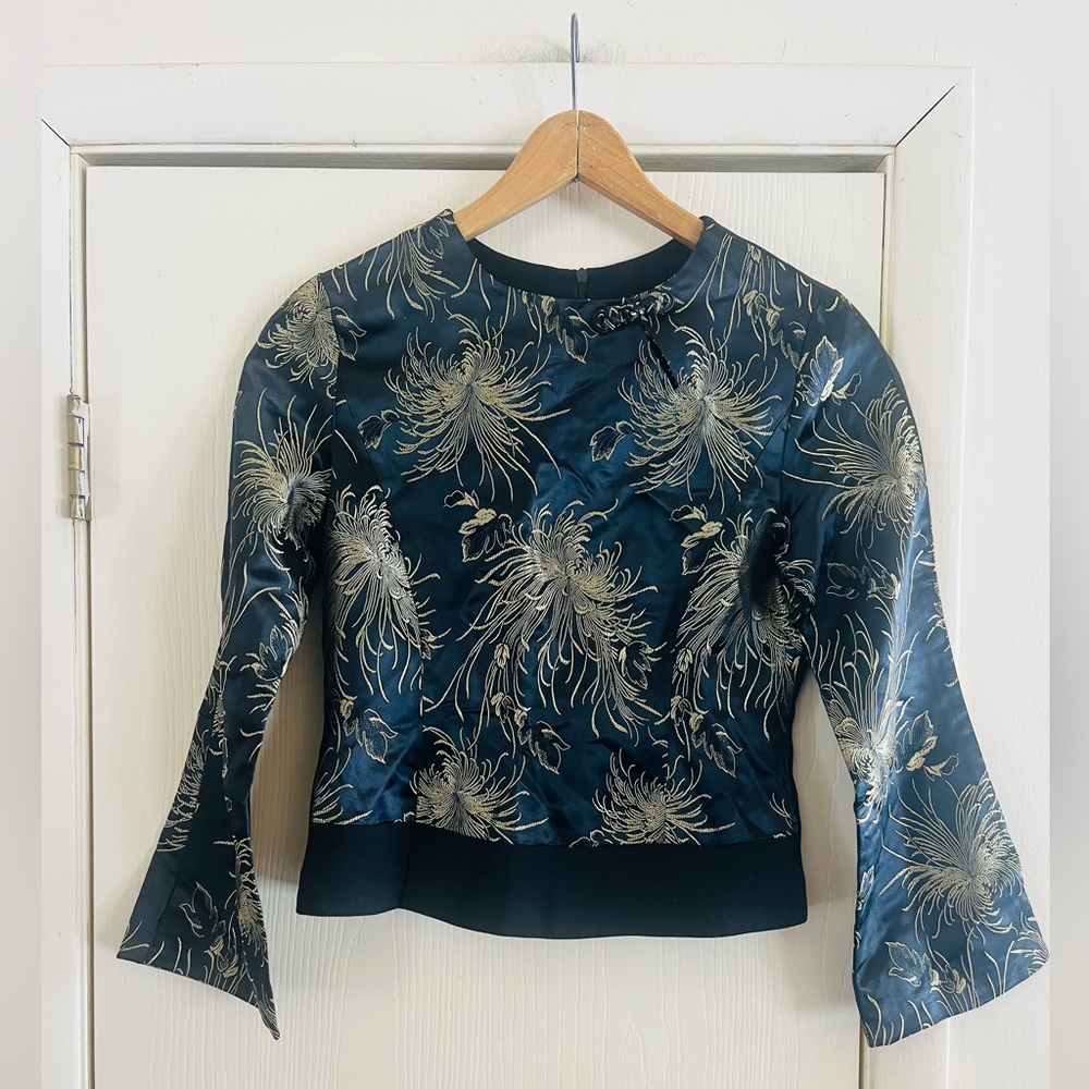 VTG Satin Brocade Asian Silk Crepe 40s Style Zip Back Party Cocktail Blouse S